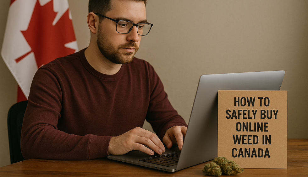 Man using laptop next to a sign that reads “How to Safely Buy Online Weed in Canada,” with cannabis buds