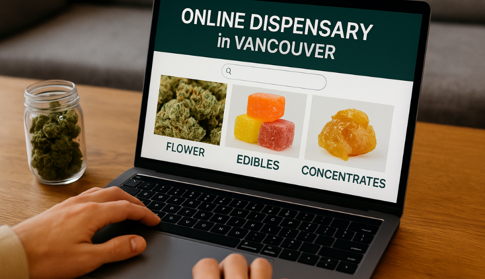 Person browsing an online dispensary in Vancouver on laptop, viewing flower, edibles, and concentrates for purchase