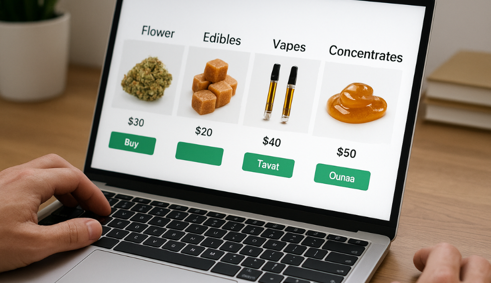 Browsing dispensary options online for weed flower, edibles, vapes, and concentrates with prices displayed on a laptop screen