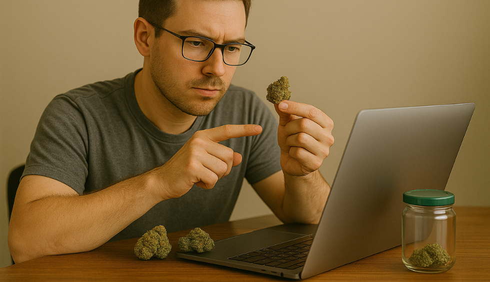 Man examining cannabis bud while researching on laptop, comparing options to choose the best online weed dispensary