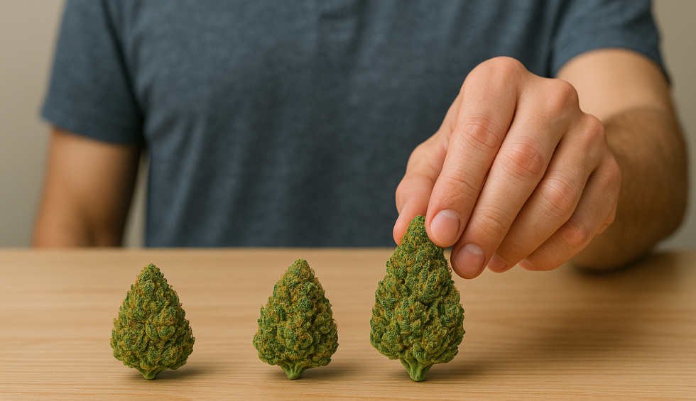 Person selecting from different weed strains on a table, illustrating how to choose the right cannabis for your needs