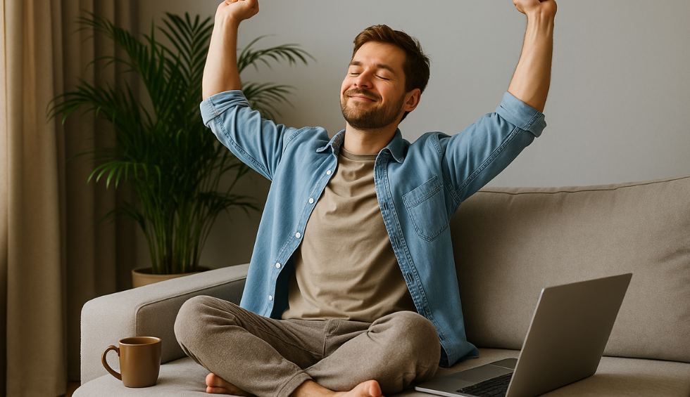 Relaxed man stretching on a couch beside a laptop and coffee mug, symbolizing natural ways to ease weed withdrawal symptoms