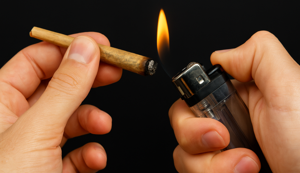 Lighting a joint evenly with a lighter, showing the proper technique on how to roll a joint and get a smooth burn