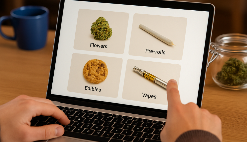 User browsing pot sites on a laptop, selecting from product categories like flowers, pre-rolls, edibles, and vapes