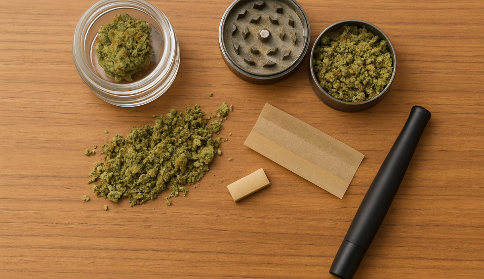 Cannabis grinder, rolling paper, filter tip, and ground weed on a wooden surface, showing tools used to roll a blunt