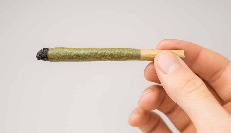 Hand holding a neatly rolled joint, highlighting the result of consistent practice when learning how to roll a joint
