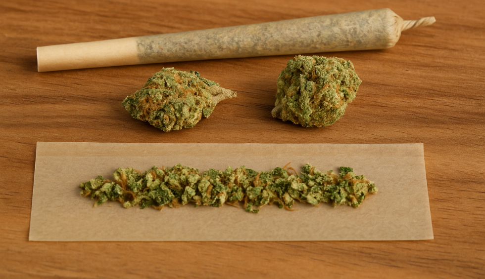 Ground cannabis on rolling paper with buds and a finished joint nearby, illustrating how to roll a joint like a pro