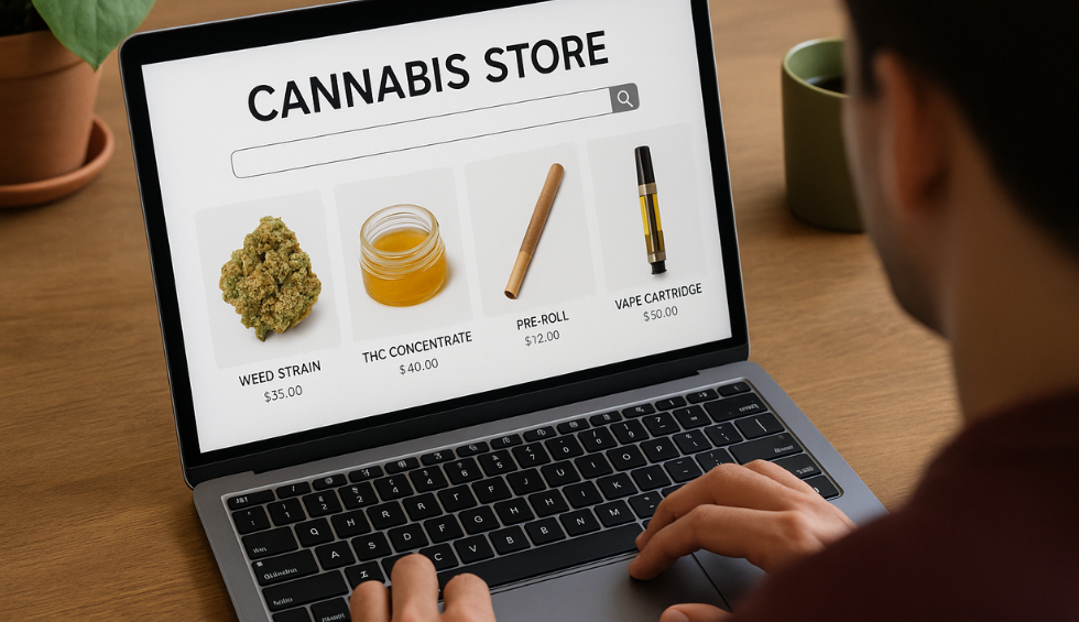 Person browsing canna online store with weed, concentrates, pre-rolls, and vapes, showing signs of a reputable cannabis shop