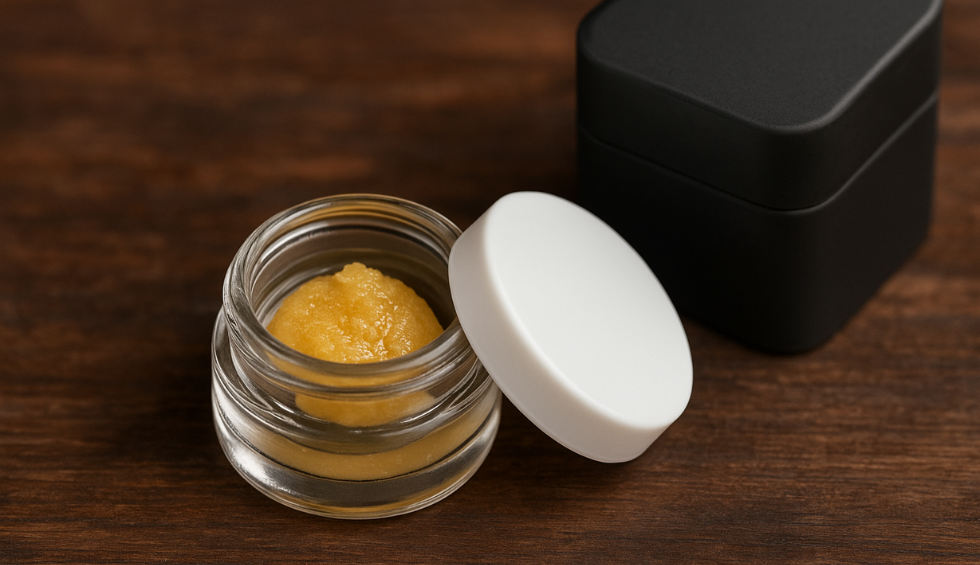 Glass jar with live rosin and a sealed black storage container on a wooden surface, ideal for preserving rosin potency and quality
