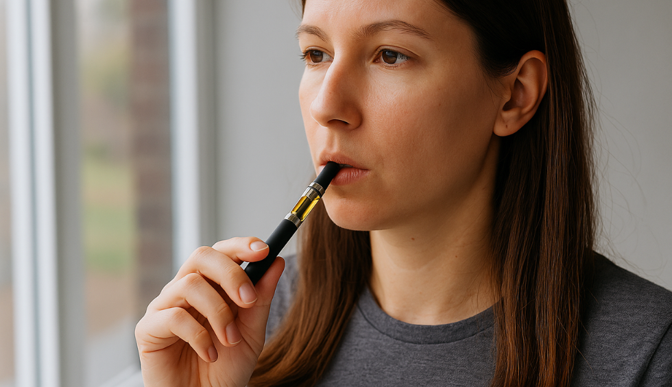 Woman inhaling from a cannabis vape pen near a window, demonstrating how to use your vape pen properly
