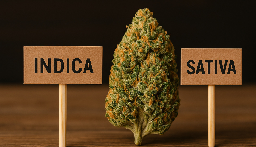 Cannabis bud placed between signs labeled Indica and Sativa, questioning the type of the Pineapple Express strain