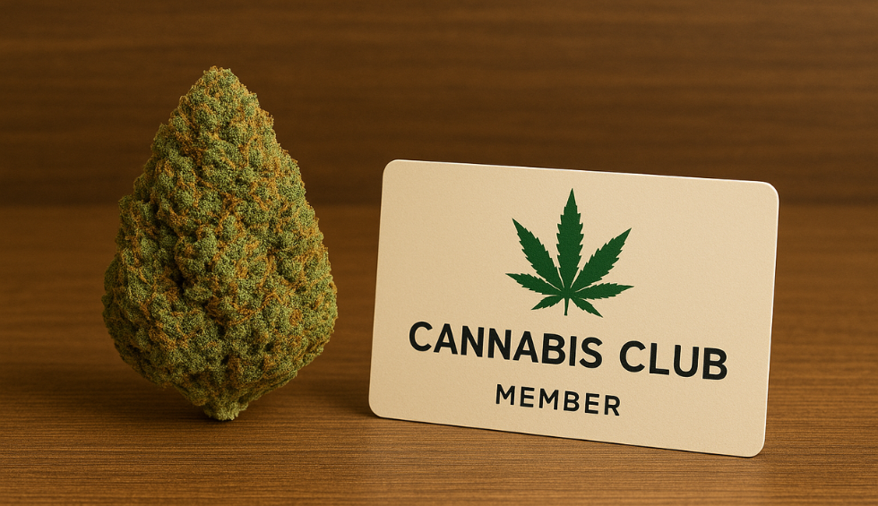 Cannabis bud beside club card, promoting membership perks for buying cheap online weed from trusted dispensaries