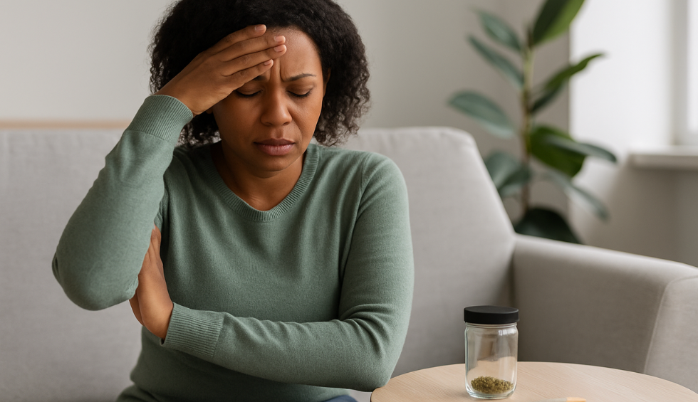 Woman holding head in discomfort beside a jar of cannabis, representing managing cannabis withdrawal signs with ease
