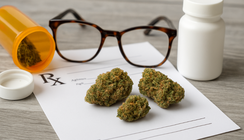 Medical cannabis buds on a prescription pad symbolizing the therapeutic benefits of the Wedding Cake strain for wellness and relief