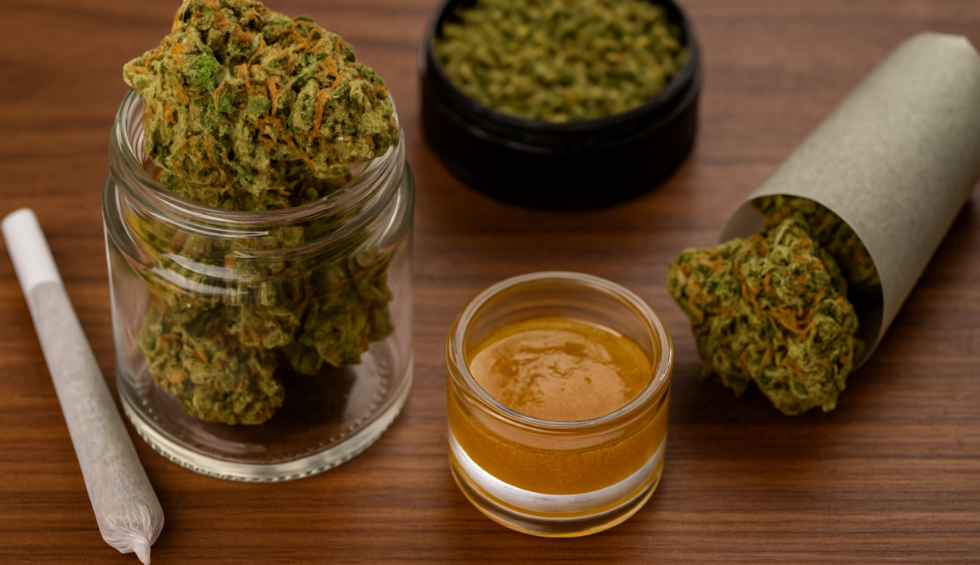 Various cannabis products including buds, pre-roll, and concentrate, showcasing top picks for online pot from BC