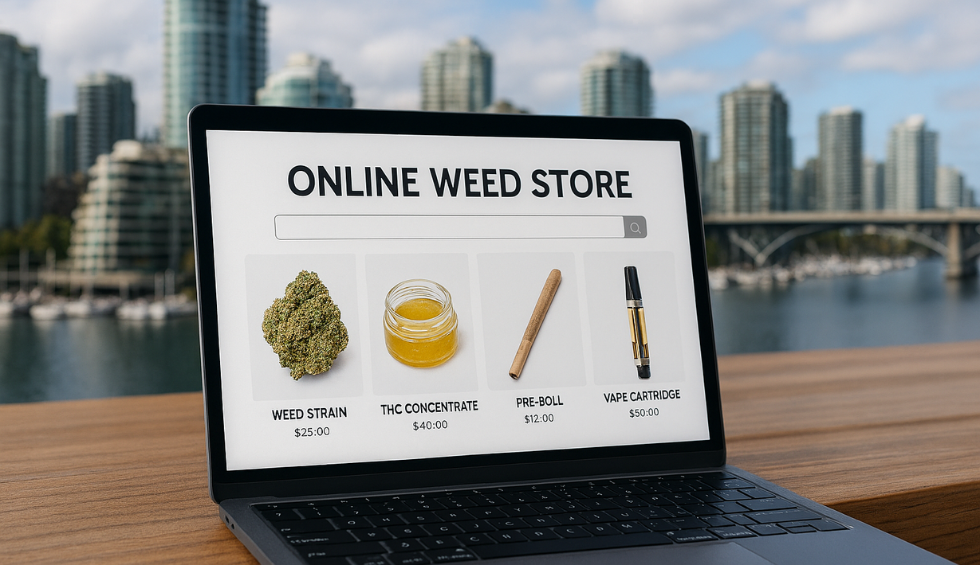 Laptop showing online dispensary in Vancouver with cannabis products, set against a city waterfront skyline