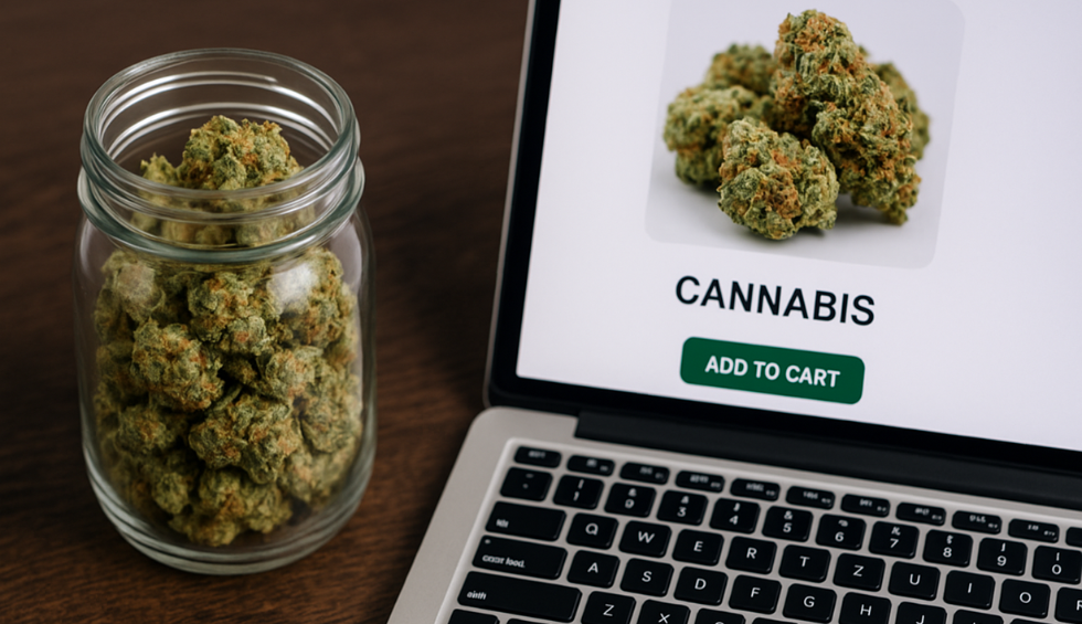 Glass jar of cannabis beside laptop showing online cannabis store, highlighting easy checkout for online pot from BC