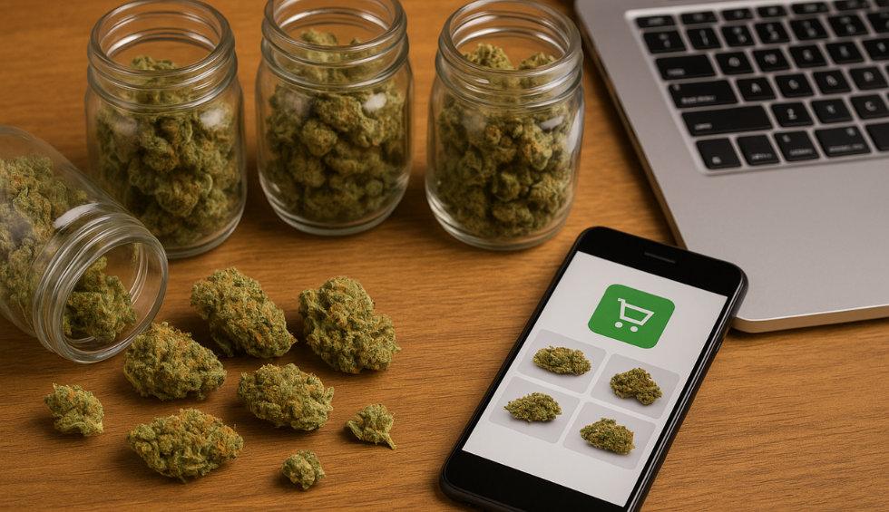 Jars of cannabis buds beside a smartphone showing online weed listings, representing popular pot sites for convenient shopping
