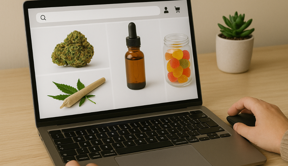 Laptop screen showing cannabis bud, oil, pre-roll, and edibles, highlighting top recreational products from a weed store online