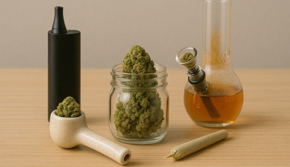 Weed strains with bong, joint, vape, and pipe, showcasing popular ways to enjoy your favorite cannabis strain