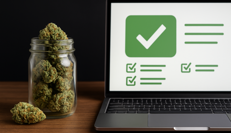 Glass jar filled with cannabis buds next to a laptop displaying green checkmarks, symbolizing trusted and well-rated pot sites