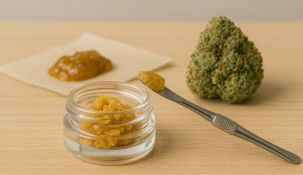 Cannabis bud and dab concentrates with tool, highlighting potent extracts made from popular weed strains