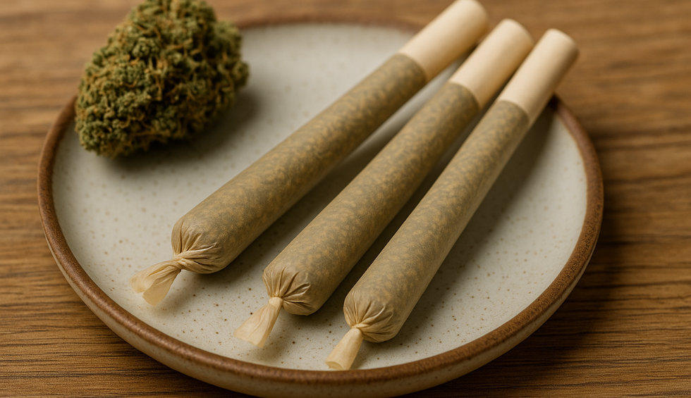 Three cannabis pre-rolls on a plate with a bud beside them, showcasing ready-to-use products from an online dispensary in Vancouver