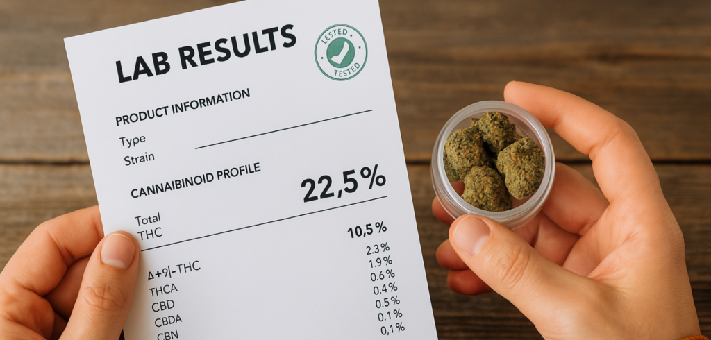 Hands holding a lab results sheet and a container of cannabis, highlighting product transparency and lab-tested low price buds