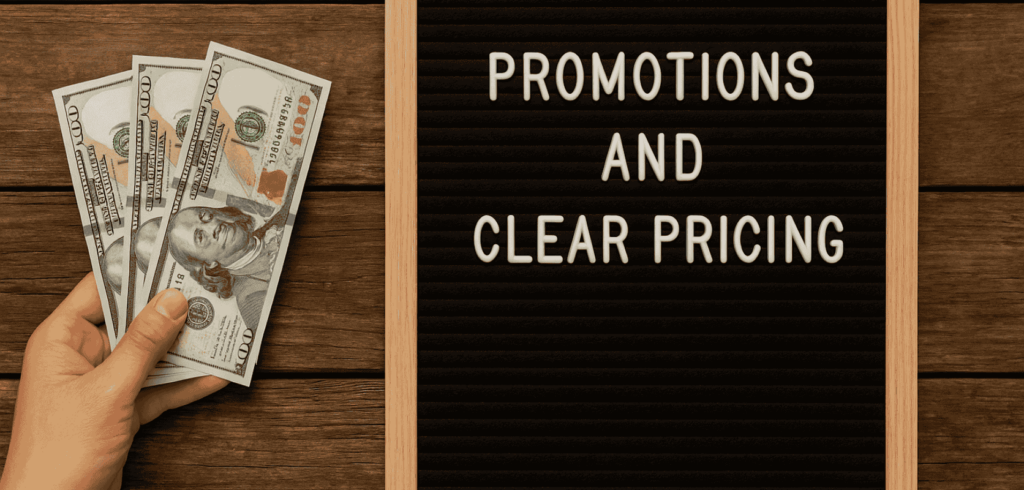 Hand holding hundred-dollar bills next to a sign that reads "Promotions and Clear Pricing," representing transparent deals on low price buds