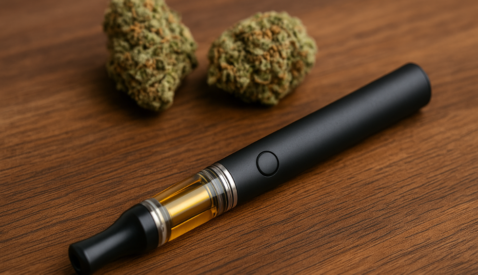Cannabis vape pen filled with oil placed on a wooden surface with buds, symbolizing where to buy vape pens in Canada