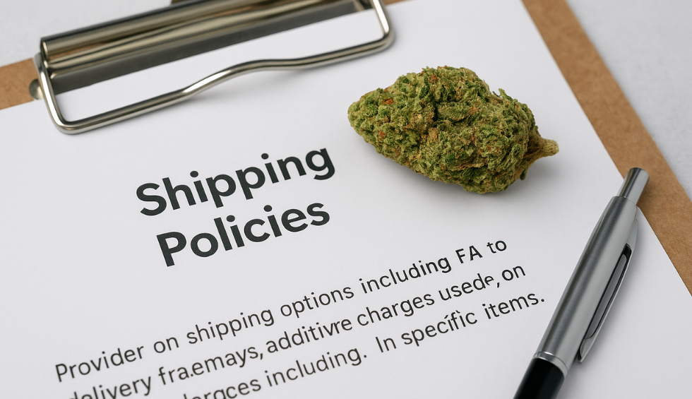 Clipboard showing shipping policies with a cannabis bud and pen beside it, highlighting key weed online shopping info
