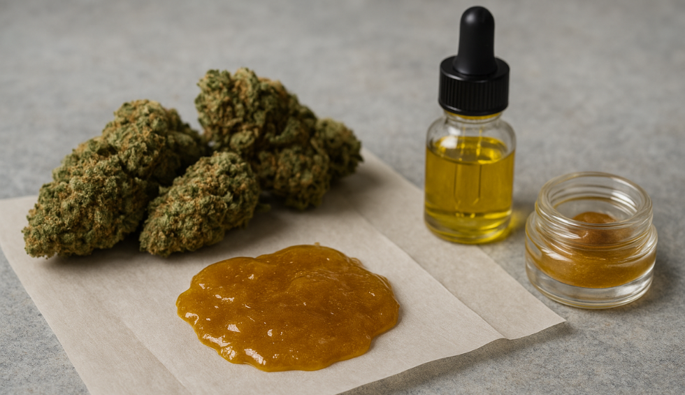 Close-up of cannabis buds, golden rosin, oil dropper, and concentrate jar—highlighting premium rosin in Canada for purity and potency