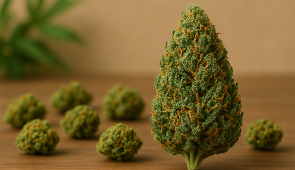 Large sativa cannabis bud standing upright with smaller buds around it, highlighting energizing weed strains