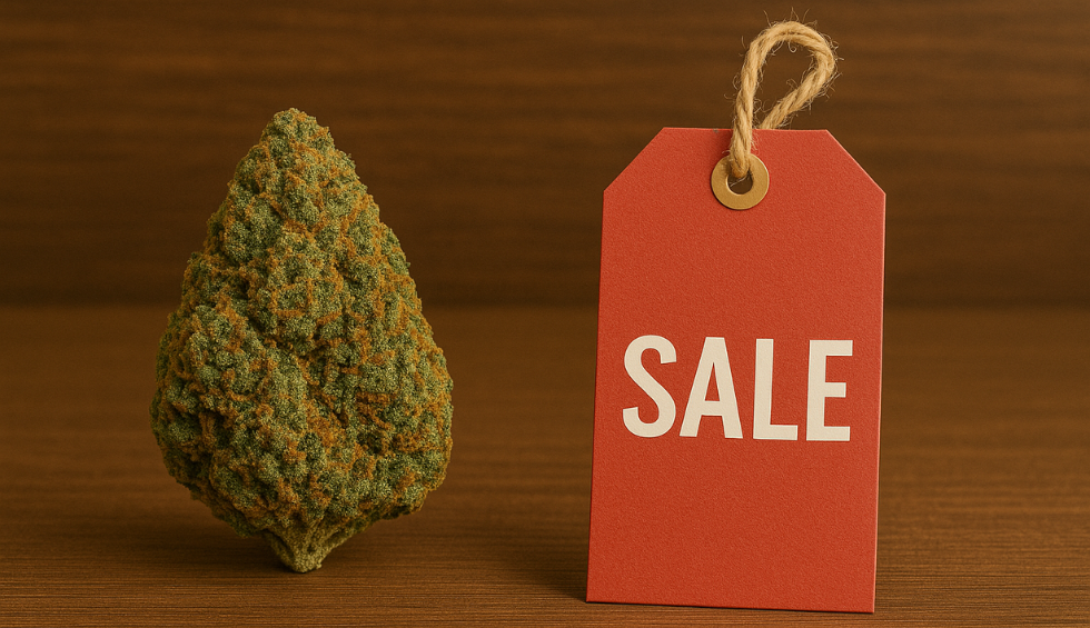 Cannabis bud next to red sale tag, representing seasonal and limited-time discounts on cheap online weed