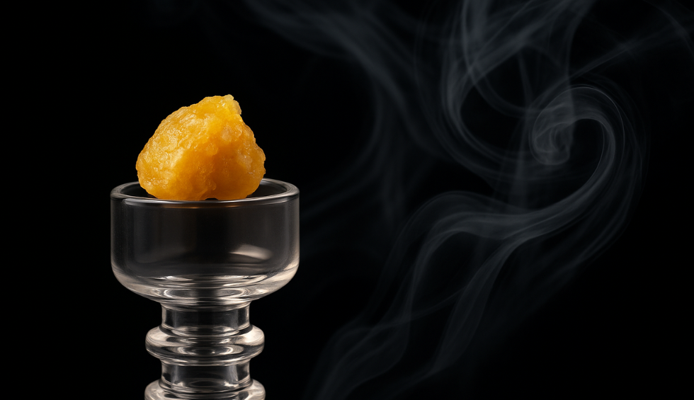 Golden live rosin concentrate resting in a glass dab rig against a dark background with swirling smoke, highlighting its purity and potency