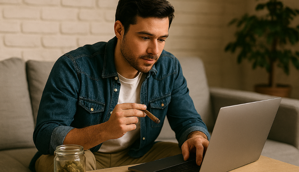 Man holding blunt and browsing laptop with cannabis jar nearby, symbolizing typical shopper at an online dispensary in Vancouver
