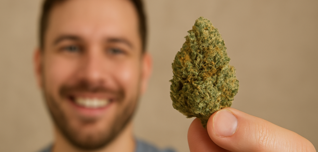 Smiling man holding a dense cannabis bud close to the camera, highlighting quality in low price buds