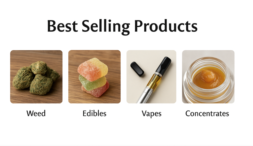 Best-selling cannabis products on pot sites including weed, edibles, vapes, and concentrates arranged in clear product tiles