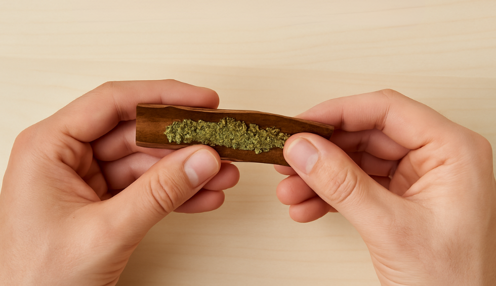 Hands shaping and rolling ground cannabis inside a blunt wrap on a light wooden surface