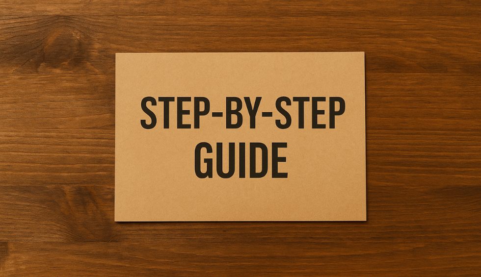 Cardboard sign reading “Step-by-Step Guide” on wooden surface, representing a manual method on how to roll a joint