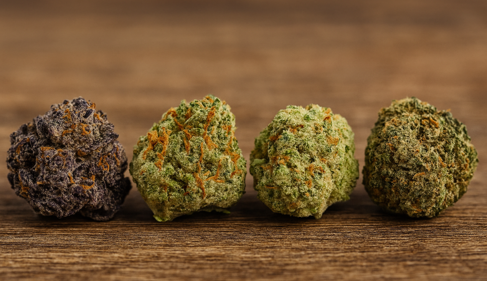 Various strains of weed in different colors and textures on a wooden surface, showcasing the variety of cannabis flower types