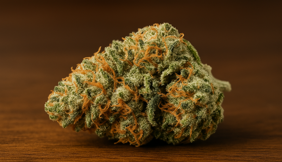 Supreme OG cannabis bud showing dense trichomes and vibrant orange hairs on a wooden surface