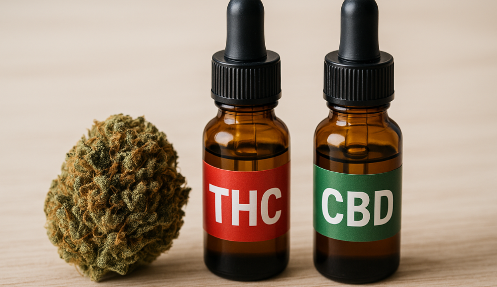 Cannabis bud beside labeled THC and CBD oil bottles, highlighting potency info for informed canna online purchases