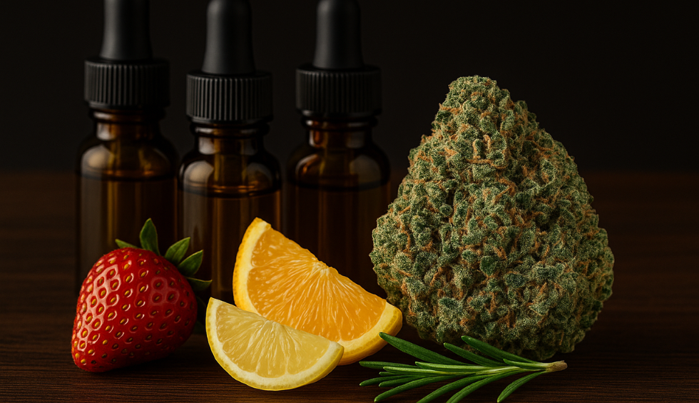 Assorted cannabis terpenes with fruity and herbal elements, highlighting aroma profiles found in different strains of weed