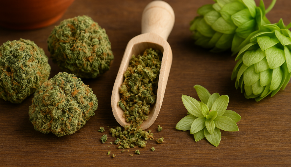 Crushed cannabis buds and hops showing the rich aroma and flavour profile of the Wedding Cake strain with herbal and earthy notes