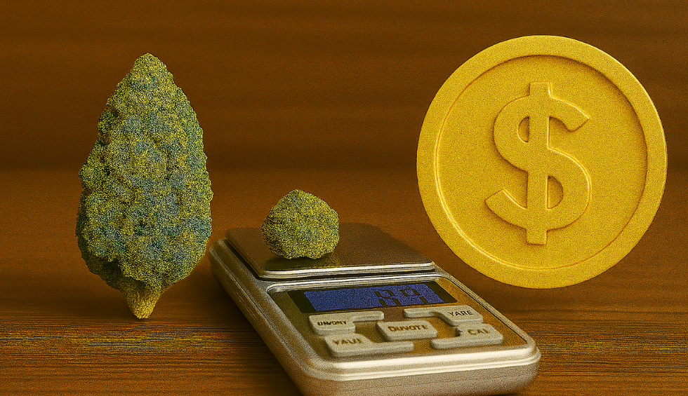 Digital scale weighing cannabis buds beside a dollar sign, representing fair price per gram for cheap online weed