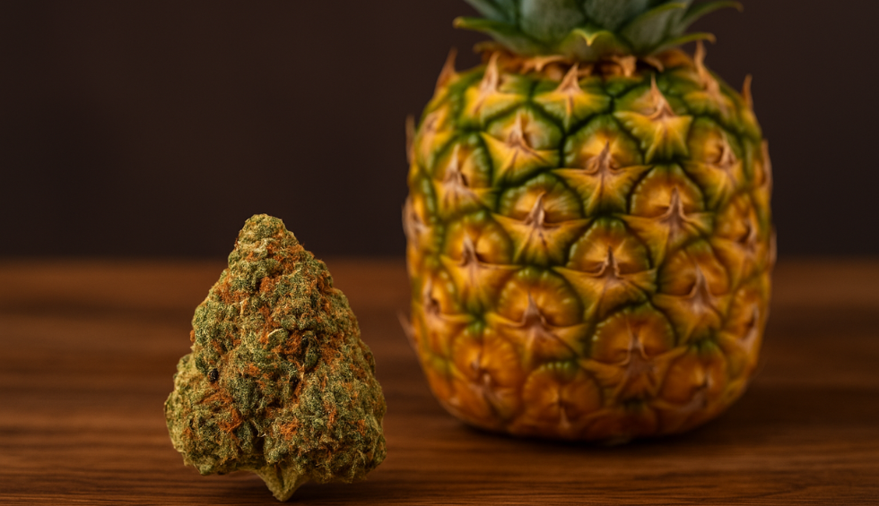 Pineapple Express strain bud beside a ripe pineapple on wood table, symbolizing tropical flavor and energetic effects