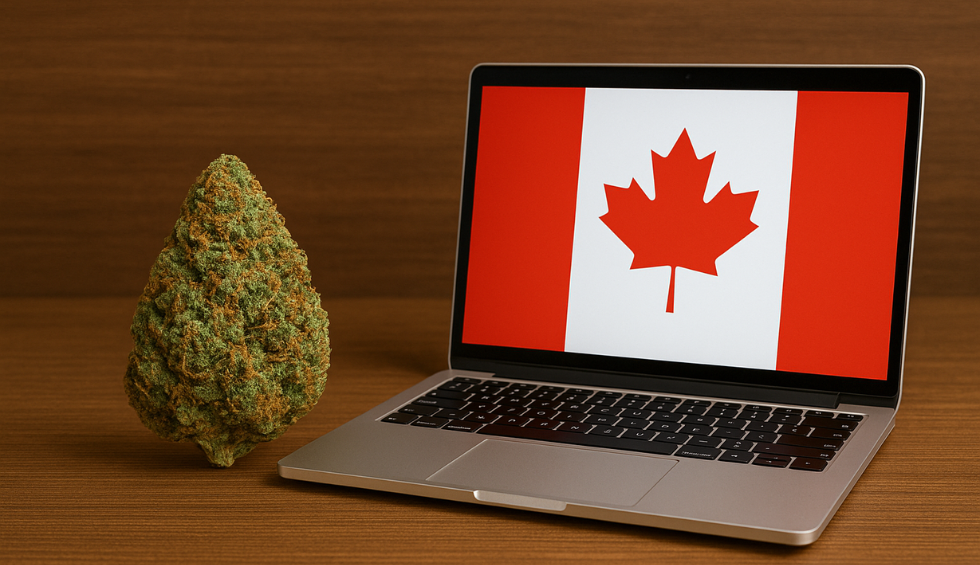 Large cannabis bud next to an open laptop displaying the Canadian flag, representing tips for buying cheap online weed in Canada