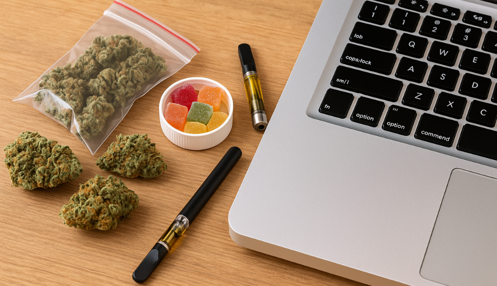 Weed, gummies, and vape pens next to a laptop, showing convenience and variety of weed online shopping