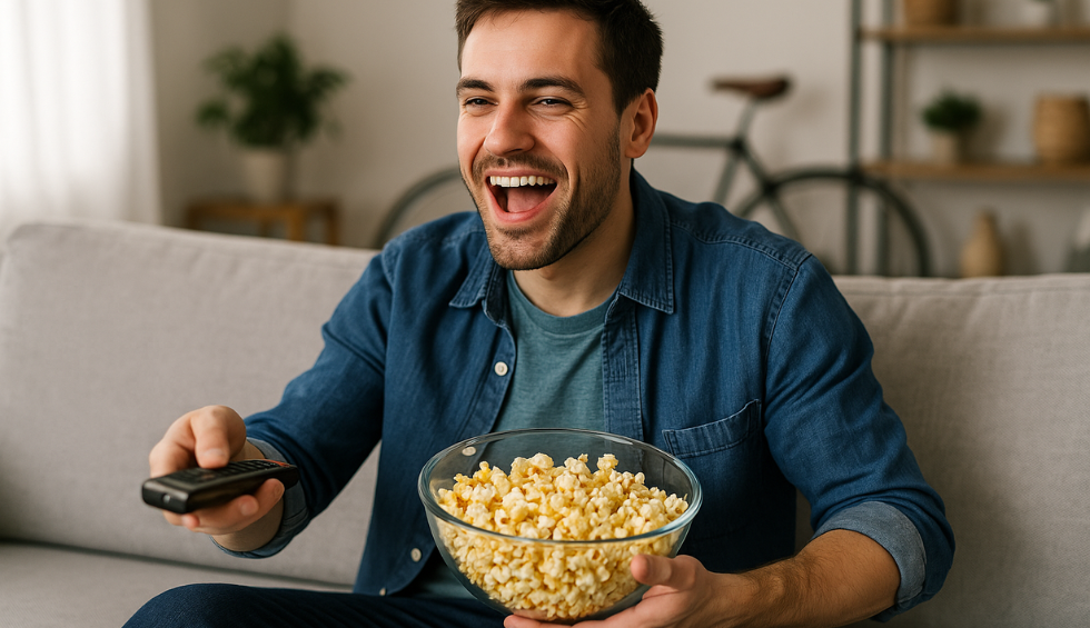 Man laughing while watching TV and eating popcorn, showing fun, relaxed vibes of the Pineapple Express strain experience